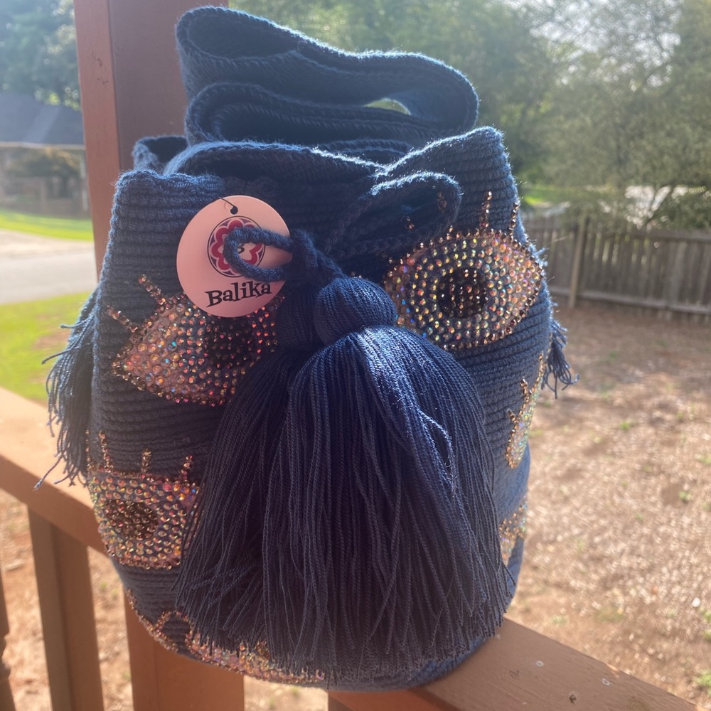 Wayuu crossbody evil eye bucket bag with crystals